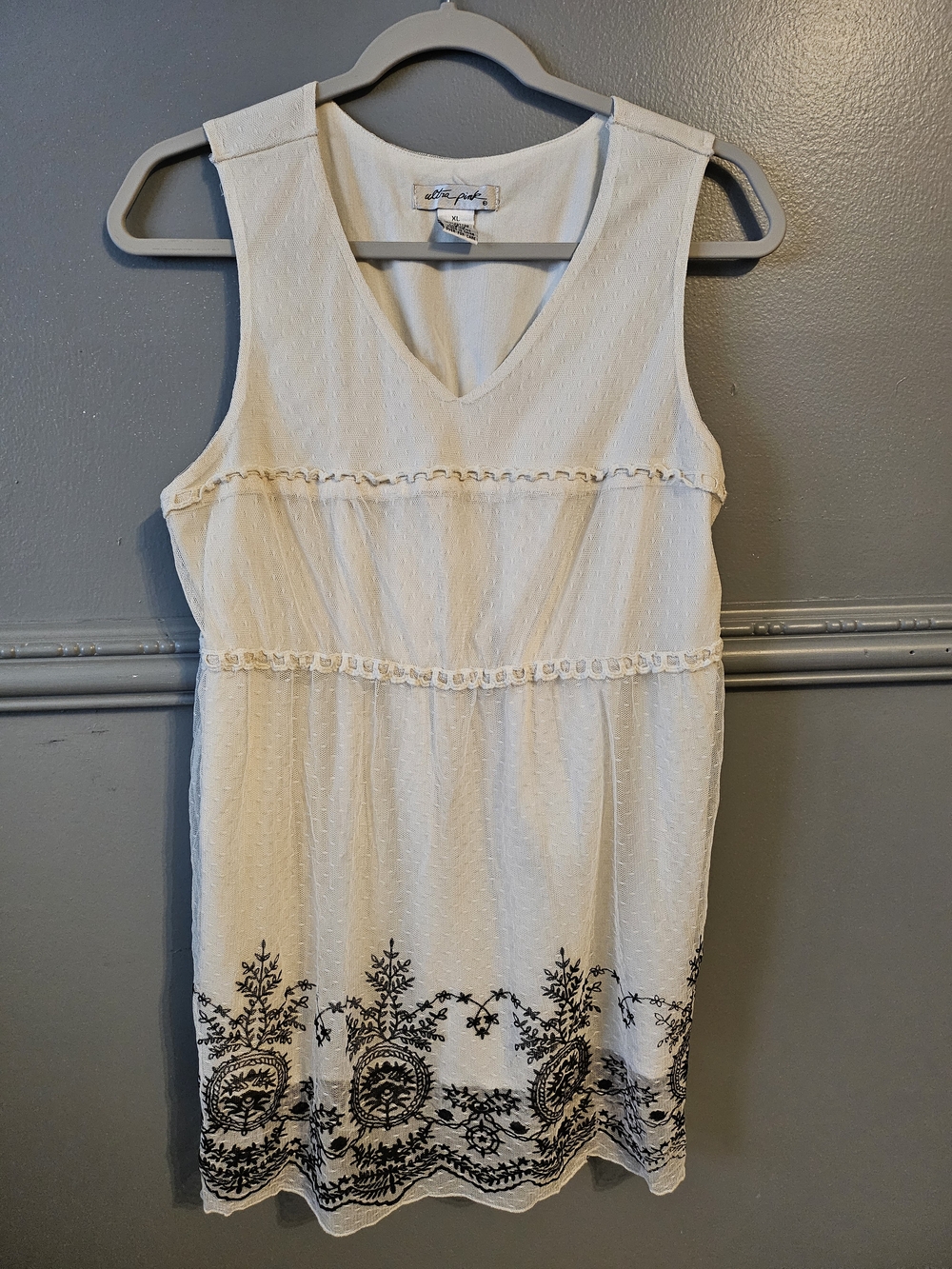 Ultra Pink Ivory Mini Dress with Black Embroidered Hem